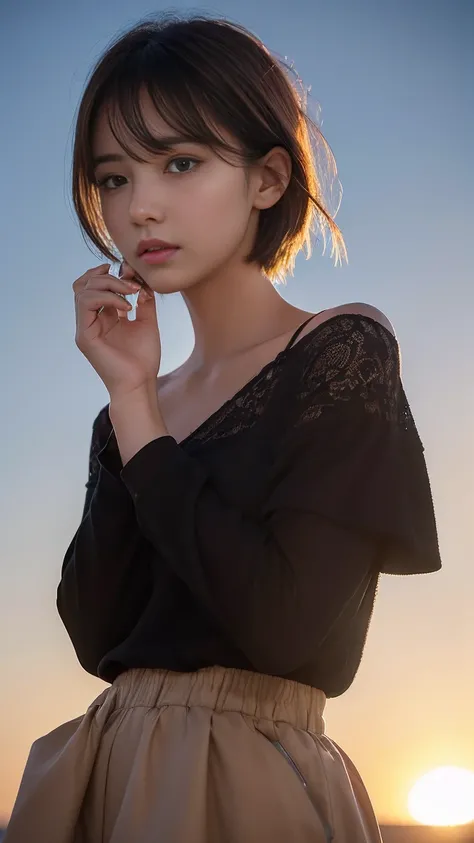 1 girl, short hair, Full Body Shot, Brown eyes, Absurd、melancholy,tears、sorrow、Depressed 、 profile、((High resolution, Super sharp, 8k, masterpiece)), Pure Erotic Face Ace_v1 , ((High resolutionolution)), The finer details, Face line, (Realistic, Realistic:...