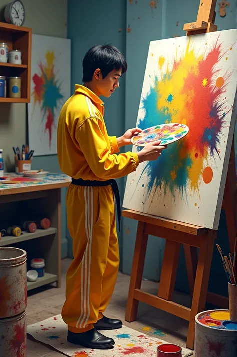 Bruce lee creating a unique painting in a studio, surrounded by a variety of colors and tools. They’re selecting and blending elements, symbolizing adaptation and personal creativity