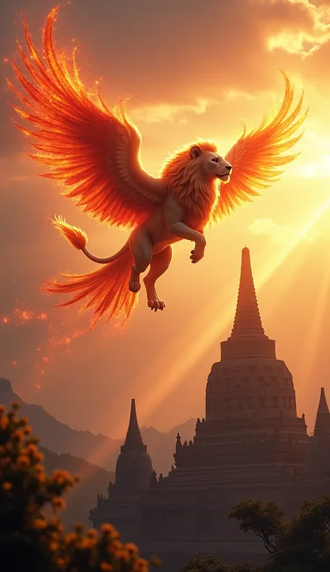 In a burst of brilliant colors, the lion soars above borobudur ancient temples, as a Phoenix engulfs the sky in fiery plumage, filling the air with an aura of elegance and mythical power.