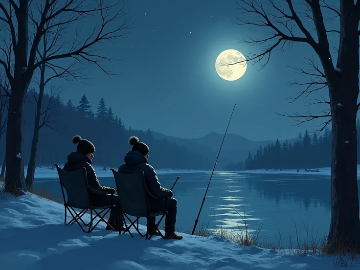 A winter reservoir. Two young men fishing at night, sitting on fishing chairs. It’s a dark scene with no lighting.