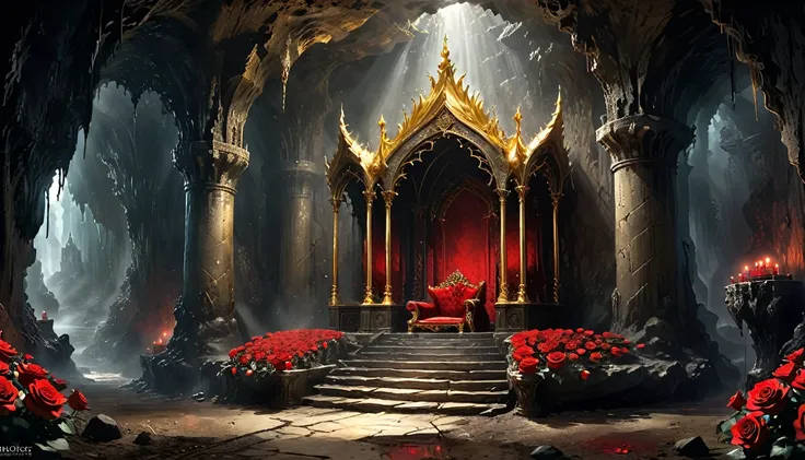 Cave，Underground Kingdom，Gothic style：High，(((throne：1.37，gem，gold)))，Red rose，Dust，Majestic