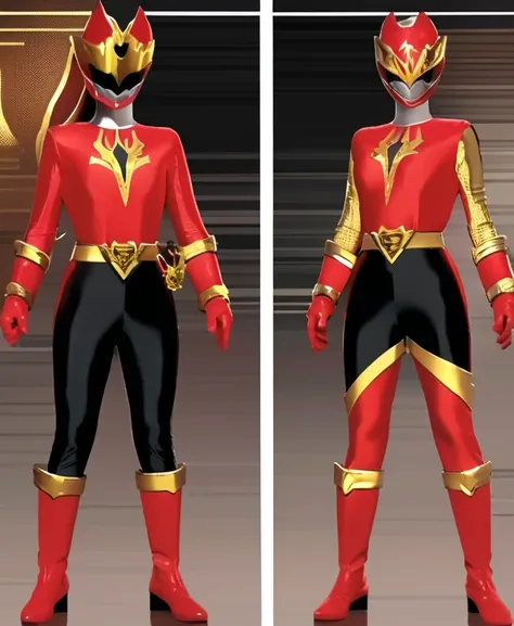 A woman gold red rangers, gold red ranger suit, as she power rangers toxic , full body , helmet mask, long hair, high detailed, realistic, gloves, ultra realistic, ((full face helmet)), black shield sunglasses on eyes, smart black sunglasses 