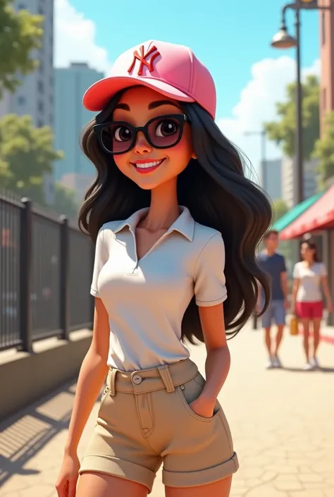 A 3D illustration in the Disney-Pixar style of a beautiful 30-year-old woman, fair skin, long black hair, wearing sunglasses, a pink NY cap and a white polo shirt with a collar, beige denim shorts with pockets on the sides and white sneakers, smiling in fr...