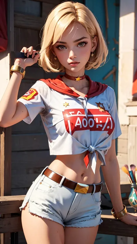 Soviet pioneer girl-model, Italian facial type, so pretty, too much tanned, blonde hair, bob hairstyle, straigt bangs, brown eyes, dimpled cheeks, beautiful figure, girl wearing crop t-shirt with short sleeves and white sexy denim short shorts with belt, b...