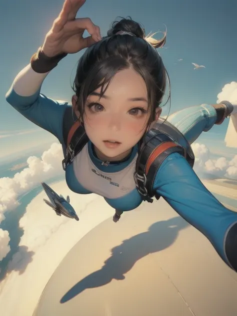 masterpiece, Best Quality, ( very detailed CG unity 8k wallpaper ), (Best Quality), (The best illustrations), (Best Shadow), Octane rendering,  ray tracing, Super detailed, (( flying high above the sky ))、 skydive、blue sky、cloud