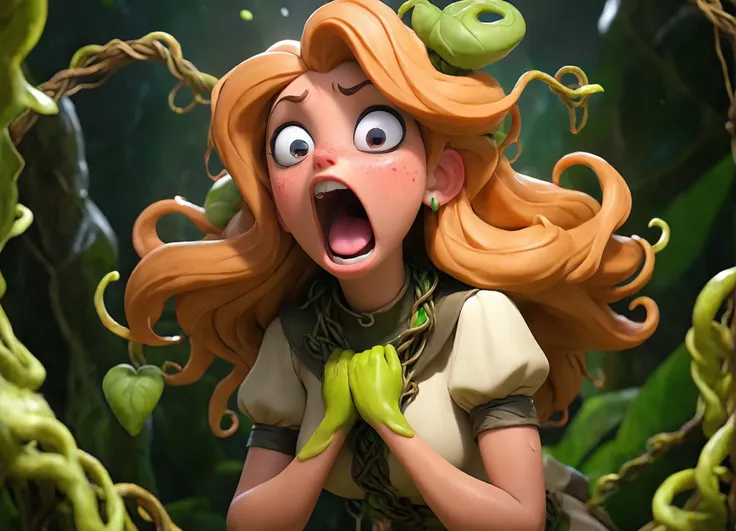 full body shot of a sexy female adventurer on her knees entangled in the vines of the forbidden forest. she has both her hands tightly gripping a thick slimy vine that forcefully inserted itself into her mouth and is pumping some unknown green slime into h...