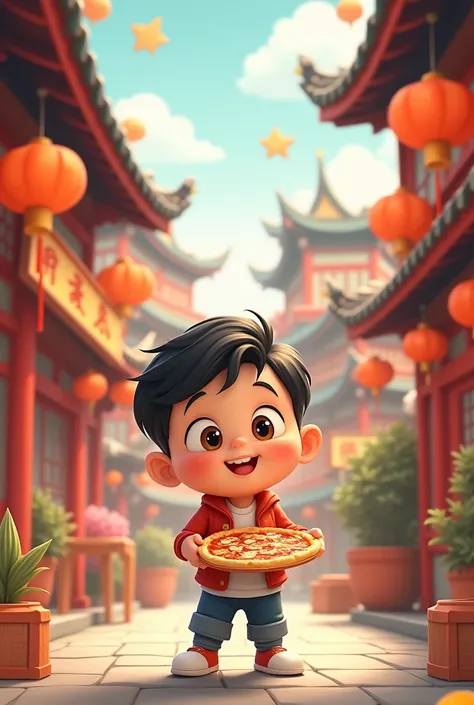 A cartoon boy I’m hungry for a pizza with Chinese and Korean background