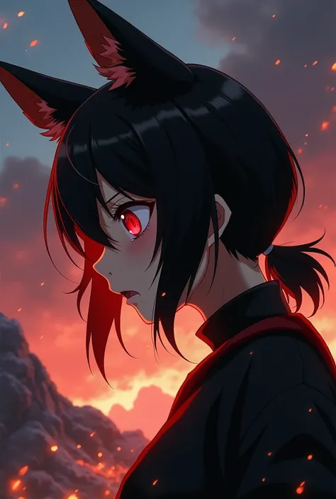  Anime style,  Woman with fox ears and fox tail ,  black hair ,  scared , medieval black costume ,  right side right profile only showing half of her face zoom only face from ears to neck crimson red eyes reflection intense fire red on a mountain,  left pa...