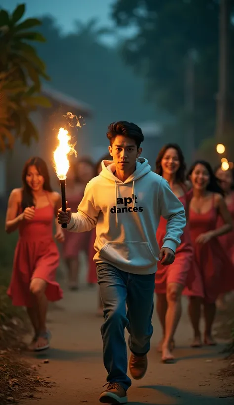 a handsome 2 man from Indonesia, with neat short hair, wearing a white hoodie with the words "APT DANCES", and wearing blue jeans and long jungle shoes, was running fast while carrying a fire torch with a frightened expression because he was being chased b...