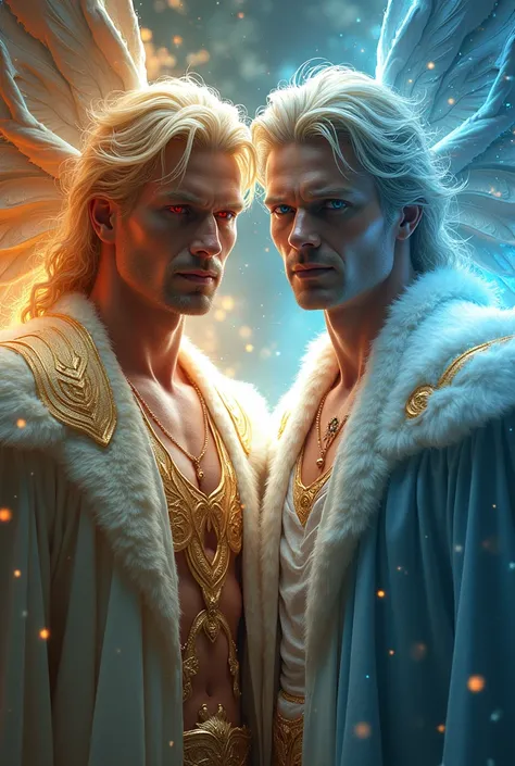 fantasy,( best quality),two men, twins, divine entities , first blond man with red eyes,  second brunette male with blue eyes , age 50 years, Divine Clothing