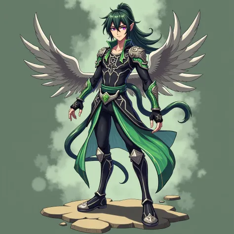  Full size image ,  bath, from head to toe,  in profile and in front of , Young boy, , male anime character ,  physically marked ,  a little strong and with armor ,  armor based on his animal spirit Green Snake , warrior, Fighter ,  with metallic green sna...