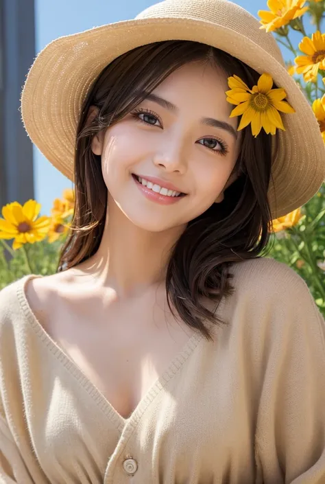 Big Eyes, Cute droopy eyes, Happy woman surrounded by flowers , orange and yellow cosmos, Cheerful atmosphere,  bob cut with waves , Talented ,  cute smile,  very detailed woman ,  detailed hair,  highly detailed face and eyes , Precise Representation,  th...