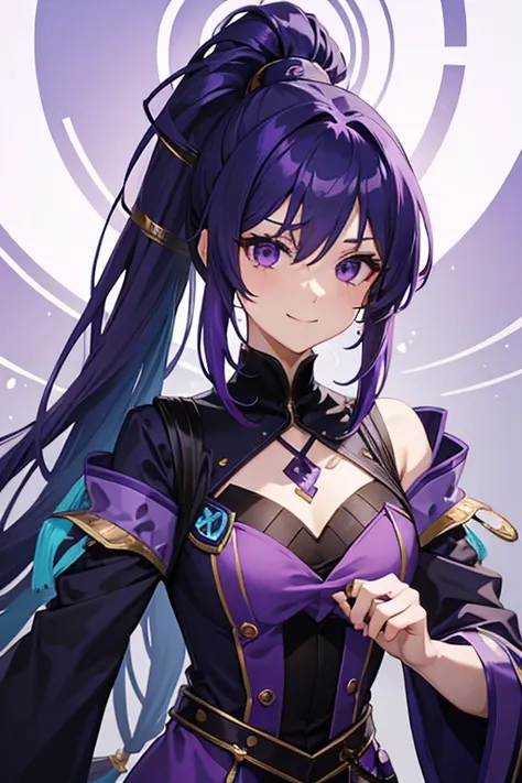 Blue-purple hair, Ridiculously long hair, Hair between the eyes, High Ponytail, purple eyespurple suit, Anime Color,seductive smile