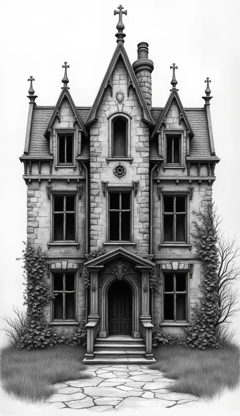 Edgy pencil drawnings of An intricate depiction of an abandoned gothic mansion, with broken windows, creeping ivy, and cracked stone details, evoking a sense of lost grandeur.