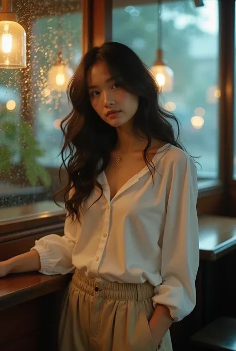  professional photo shoot, Wong Kar Wai movie lighting style,  wearing white and vintage khaki pants、 charming beautiful young Kadazan beauty , she、Black, long 、 she has curly, disheveled hair , she中から外を眺めている,  in、 Restaurant ,  big glass window with raind...