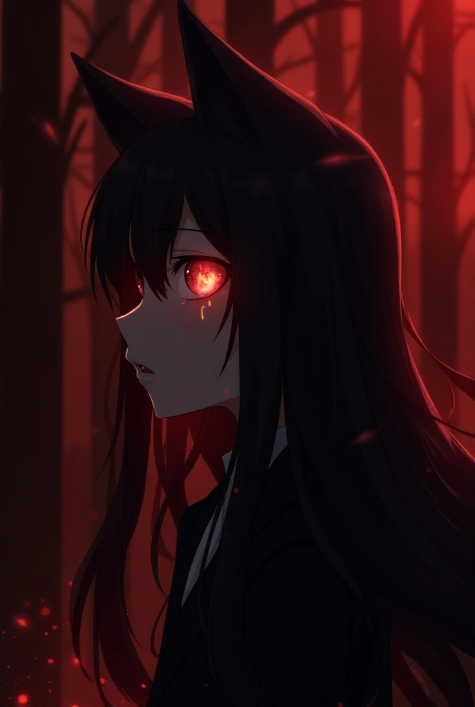 Amime style ,  Girl with fox ears ,  long black hair , Black suit,  right part of the frame ,  right profile only showing half of her face crimson red eyes reflection an intense red fire,  scared face with a tear ,  looking forward not at the spectator ,  ...