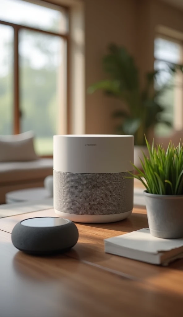 Create an image highlighting smart gadgets like smart speakers, AI-powered photo frames, or health-monitoring wearables. Aim for a sleek, techy look that feels sophisticated and modern, showing these gadgets in use within an attractive home setting.