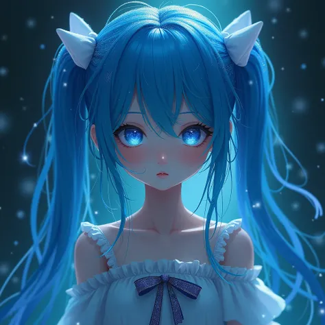  1 girl,  high resolution on down, chest, ribbon, 最 high quality,  glitter effect, Blue Hair/Light blue hair,  Twin Tails,  very long hair,  turn your gaze,  high resolution on down, accurate,  high quality,  Textured Skin,  Gradation Colored Eyes,  Sparkl...