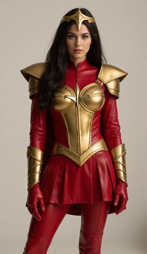 DC, Wonder Girl, Donna Troy, aged 25, long black hair, white skin, leather red, and gold high-neckline dress,  full sleeve leather red, gold accents, gold sharp pauldrons, fitted full-gold metallic breastplate, red knife-pleated leather skirt, red leather ...