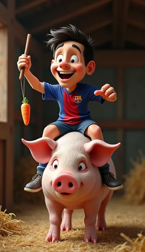 Create a humorous and realistic image of Lionel Messi sitting on top of a pig in a barn setting. Messi is wearing his traditional football jersey and shorts. He is holding a stick with a string tied to it, and at the end of the string, a carrot is dangling...