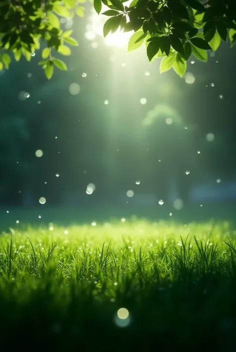 Early Morning scene,falling dew drops,on field ,green grass,,leaves of tree,falling drop ,dark images ,not show sunrise