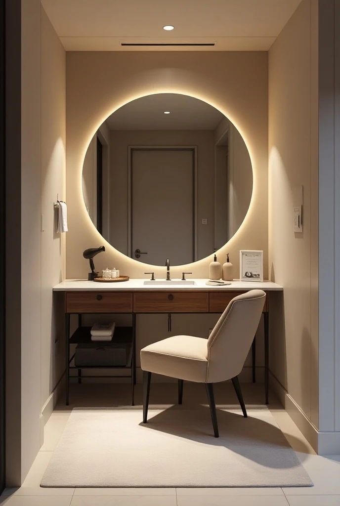 Professional 3d architecture rendering design of modern and minimal and high tech design for  elegant circular space in bathroom for  dark wooden makeup table and   Beige velvet chair and hair dryer and modern accessories 