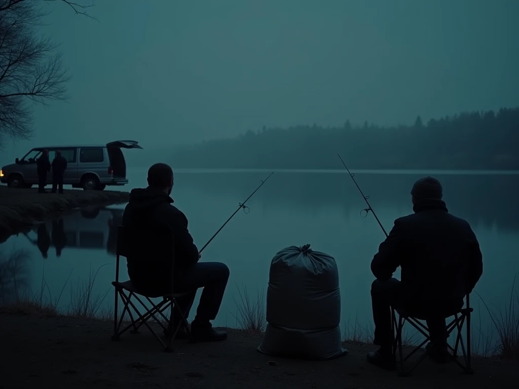 Dark, moody winter night at a reservoir. Two men are seated on fishing chairs at the waters edge, casting fishing rods into the still water. There is no lighting in the scene, enhancing the darkness around them. Approximately 500 meters away, a van is park...