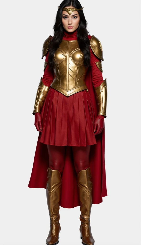 DC, Wonder Girl, Donna Troy, aged 25, long black hair, white skin, leather red, and gold high-neckline dress,  full sleeve leather red, gold accents, gold sharp pauldrons, fitted full-gold metallic breastplate, red knife-pleated leather skirt, red leather ...