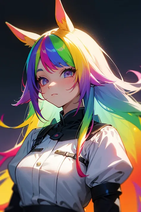 Horse Girl、Horse ears on head、Rainbow hair colour、Gradient hair texture、Long Hair、Rainbow Eyes、whole body、Cute expression、best quality,