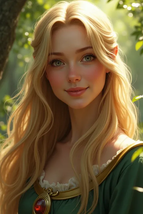 Beautiful cheerful blonde medieval healer in the woods face close-up,  looks straight , and the neck is covered with long hair 