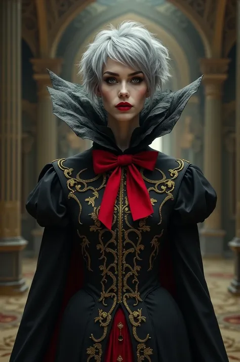  Black queen in gold costumes ,  her hair is gray and frizzy in a cut pixie cut,  her eyes are black with a red bow .  She appears to be cold and stately ,  do it in fantasy style ,  without exaggerated breasts or a lot of skin showing , She must look sobe...