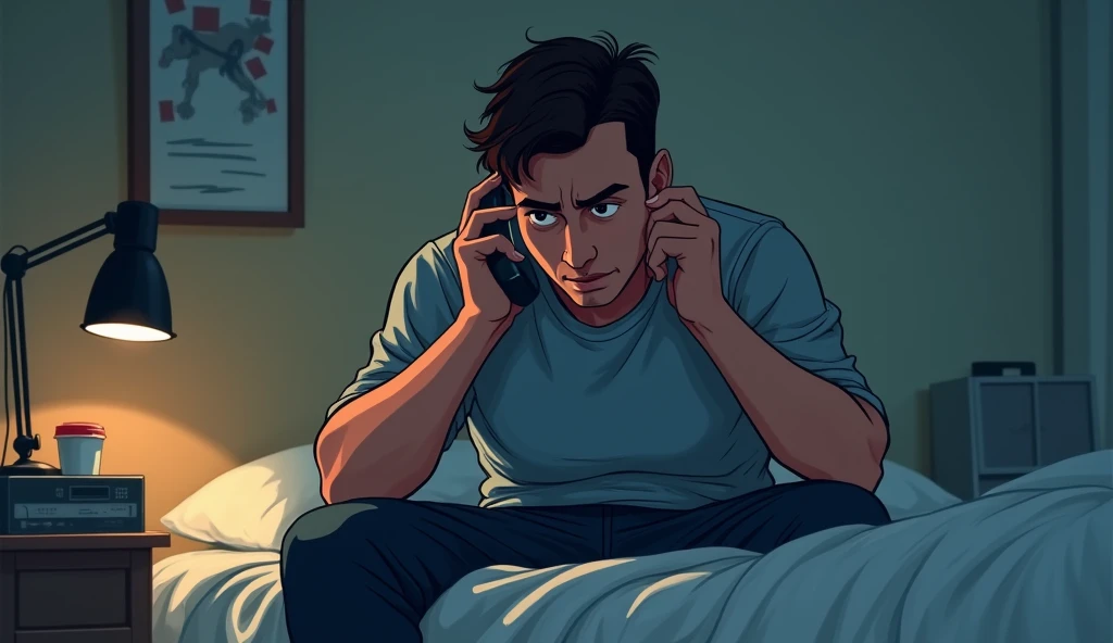 Greg on the phone with his boss, looking distressed as he’s told he must work the night shift. The atmosphere feels tense, with Greg in his bedroom, slouched on the bed with his hand on his forehead, conveying stress and dread."