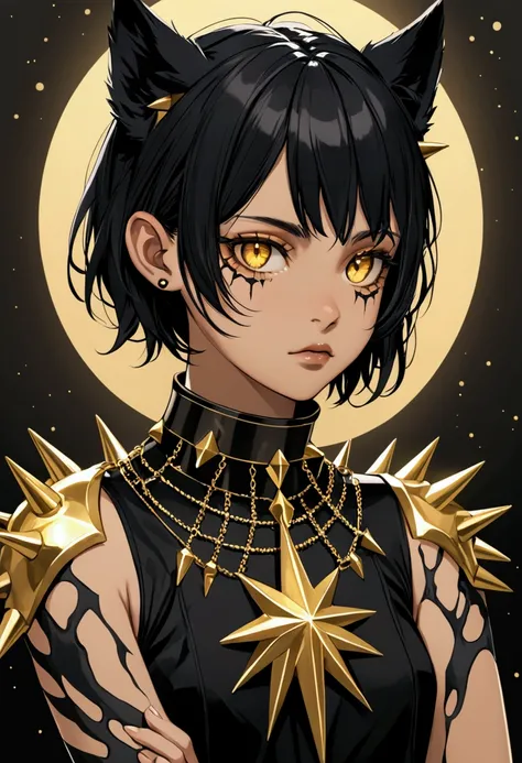  A young girl with slightly messy and short black hair, light skin,  yellow eyes,  black collar with golden spikes ,  golden pirsigs on her ears ,  that her ears are like black dogs , with scars on her arms  