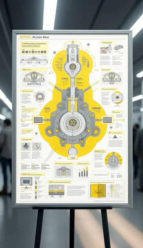 An infographic of military base concept, future space design futuristic,yellow and grey color pallete, detail information, in white board. 