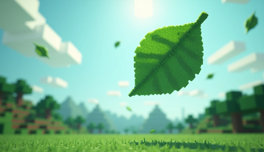 Make a green leaves falling from the sky in minecraft style, enlarge one of the leaves to fill the screen