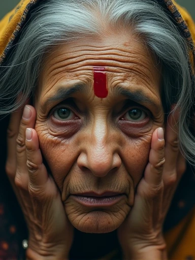 Realistic lighting,  Masterpiece: , Magnificent portrait of an Indian old womans face enlarged, sad face pale with tears on her cheeks, she puts her hands on her hair, 4k quality work, fantasy images, abstract images, secret abstract work naked 