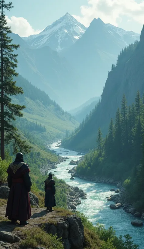 

Sacred Land:** Guards stand watch over a secluded, beautiful area in Mongolia, with mountains, dense forests, and a river. This serene land, declared sacred by Genghis Khan, is protected with an air of mystery and reverence.
