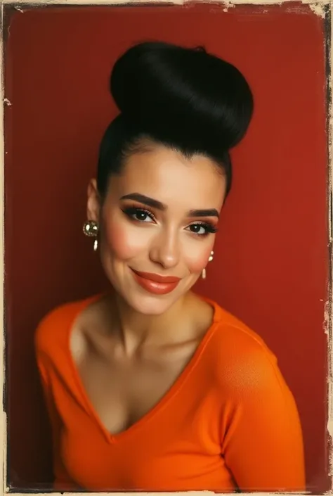 photo of (kd3v3r-135:0.99), closeup portrait, perfect hair, hair upsweep updo, posing, (modern photo, one-shoulder Construction Orange sweater), (polaroid frame), 24mm, (analog, film, film grain:1.3), (plain Oxblood Red background, gradient), ((detailed ey...