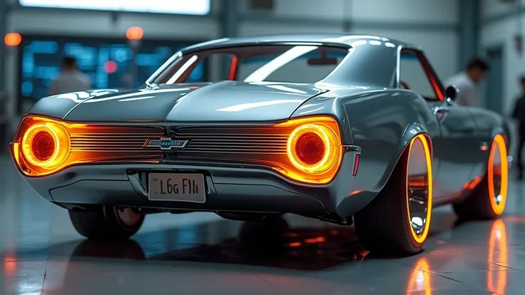 A backview of  classic Chevrolet car with a sleek, polished body and prominent chrome detailing captured from backview. The vehicle features round backlights with a nostalgic design, accented by glowing orange rims. Set in a modern garage environment with ...