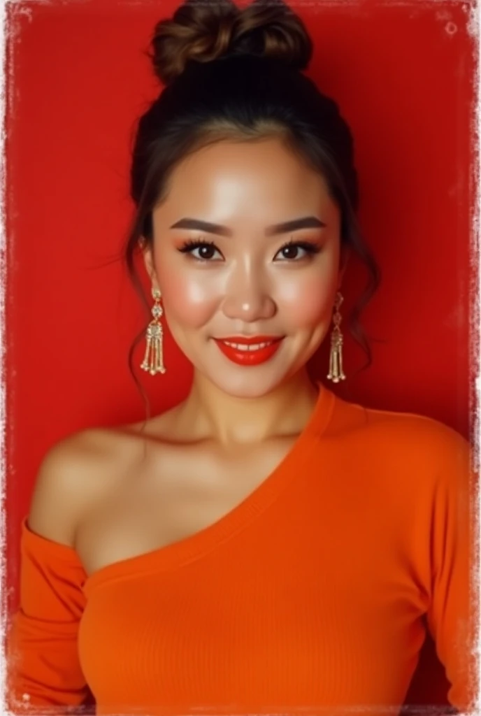 photo of (kd3v3r-135:0.99), closeup portrait, perfect hair, hair upsweep updo, posing, (modern photo, one-shoulder Construction Orange sweater), (polaroid frame), 24mm, (analog, film, film grain:1.3), (plain Oxblood Red background, gradient), ((detailed ey...