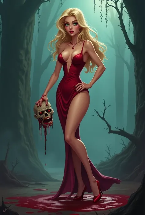 A gut with blond hair, big tits und a slutty witch dress, witch hat, cleavage, thin waist, red high heels, extrem horror scenario, extrem fog,  girl, cartoon, Disney cartoon, thin waist, extreme tight body, blood on whole body, 2d cartoon, red g-string, re...