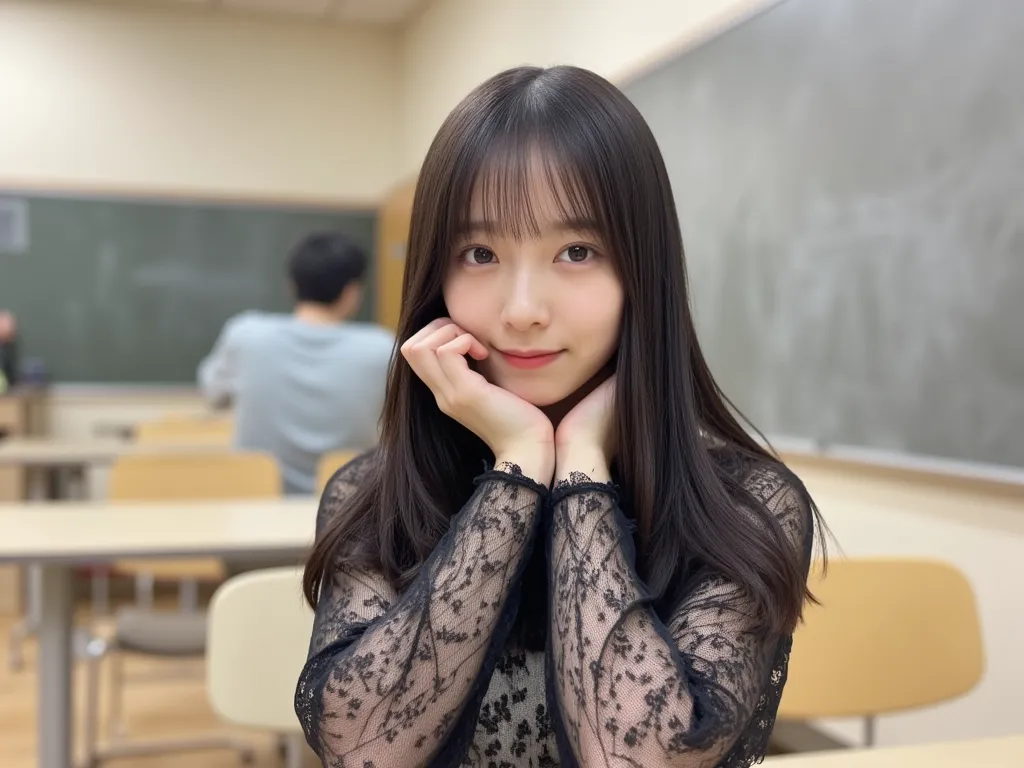 lots of rear views 　８ｋ　thin　７head and body　　she slicked back her dark hair...　smooth straight　japanese　university classroom　full...