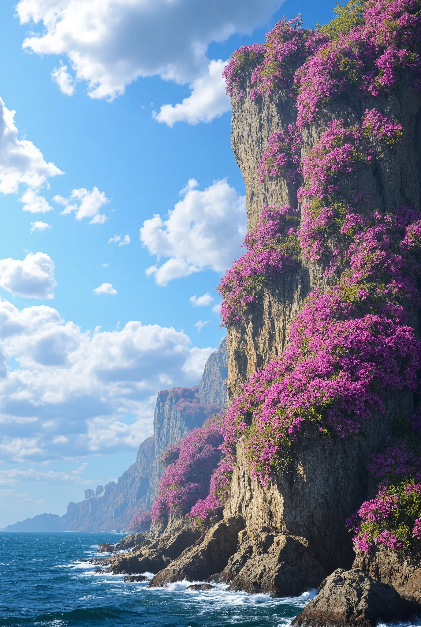 many flowers on a cliff ,  colorful flowers , beautiful sky,  matte painting 8k , matte paint 8k ,  vertical wallpaper 8k ,  ver...