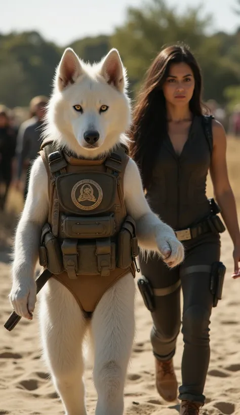 An outdoor scene during the day, showing a character with canine traits and white fur, with expressive eyes, wearing a robust and detailed tactical outfit with an emblem prominently displayed on the chest. Beside them is a human female figure with long, da...