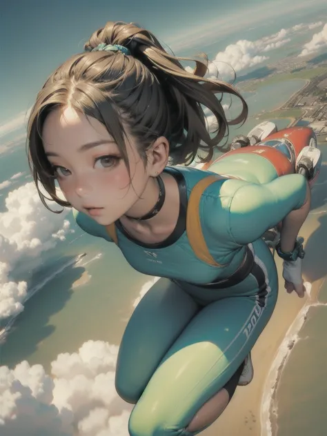 masterpiece, Best Quality, ( very detailed CG unity 8k wallpaper ), (Best Quality), (The best illustrations), (Best Shadow), Octane rendering,  ray tracing, Super detailed, (( flying high above the sky ))、 skydive、blue sky、cloud、medium distance、from side