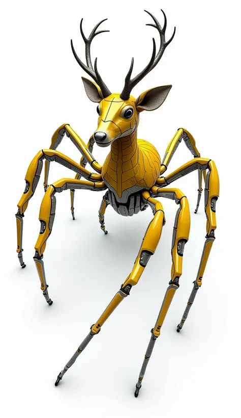 An infographic of hybrid animal resulting from crossing a deer and a spider fusion concept design, future space design futuristic,yellow and grey color pallete, detail information, in white background, intricate detail. 