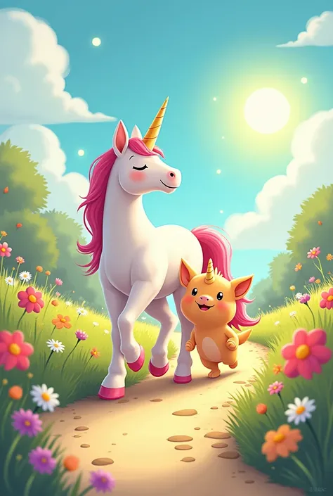 Illustration of Lumina(unicorn) and Benny happily walking side by side down the flower-lined path, sharing laughter. The sun shines brightly above, creating a warm and cheerful atmosphere.