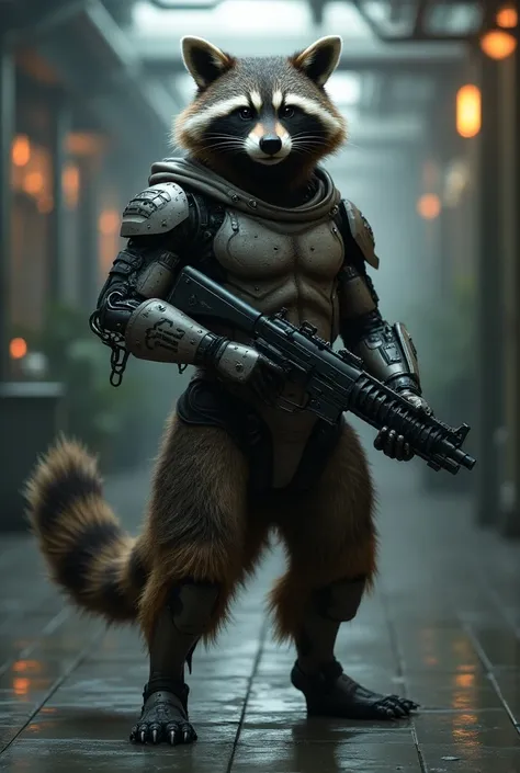 Wariror human body cyber raccoon Standing with a gun in one hand