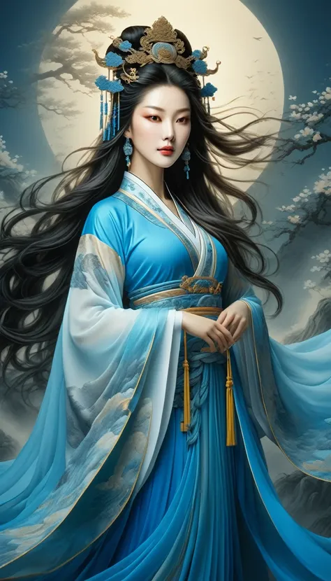 (best quality,4k,8k,highres,masterpiece:1.2),ultra-detailed,(realistic,photorealistic,photo-realistic:1.37), pixel art,Portrait of the beautiful lady Yang Guifei of the Tang Dynasty in China, extra long hair，beautiful detailed face, vibrant blue gradient, ...