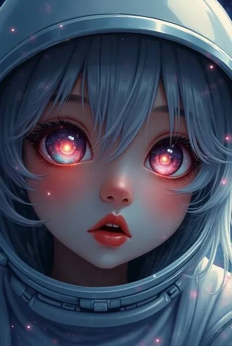 (Close-up of a masterpiece:1.5)0.9]，(Space and astronauts:1.2) (Messy silver hair:1.1) (Heterochromia yellow blue eyes:1.2) (Space Helmet:1.0) ( have colored stars in their eyes:1.0) (Dazzling light:1.1) (Thick lips:0.9)